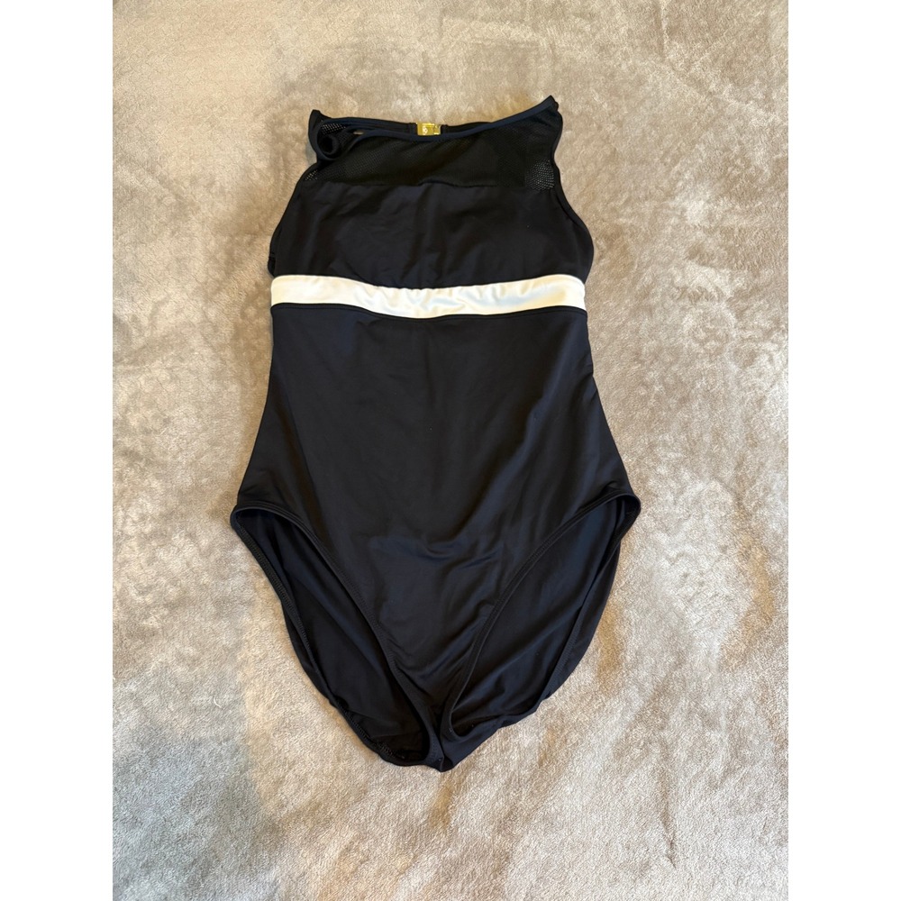 Lauren Ralph Lauren Womens Black White Mesh High Neck One Piece Swimsuit Size 12
